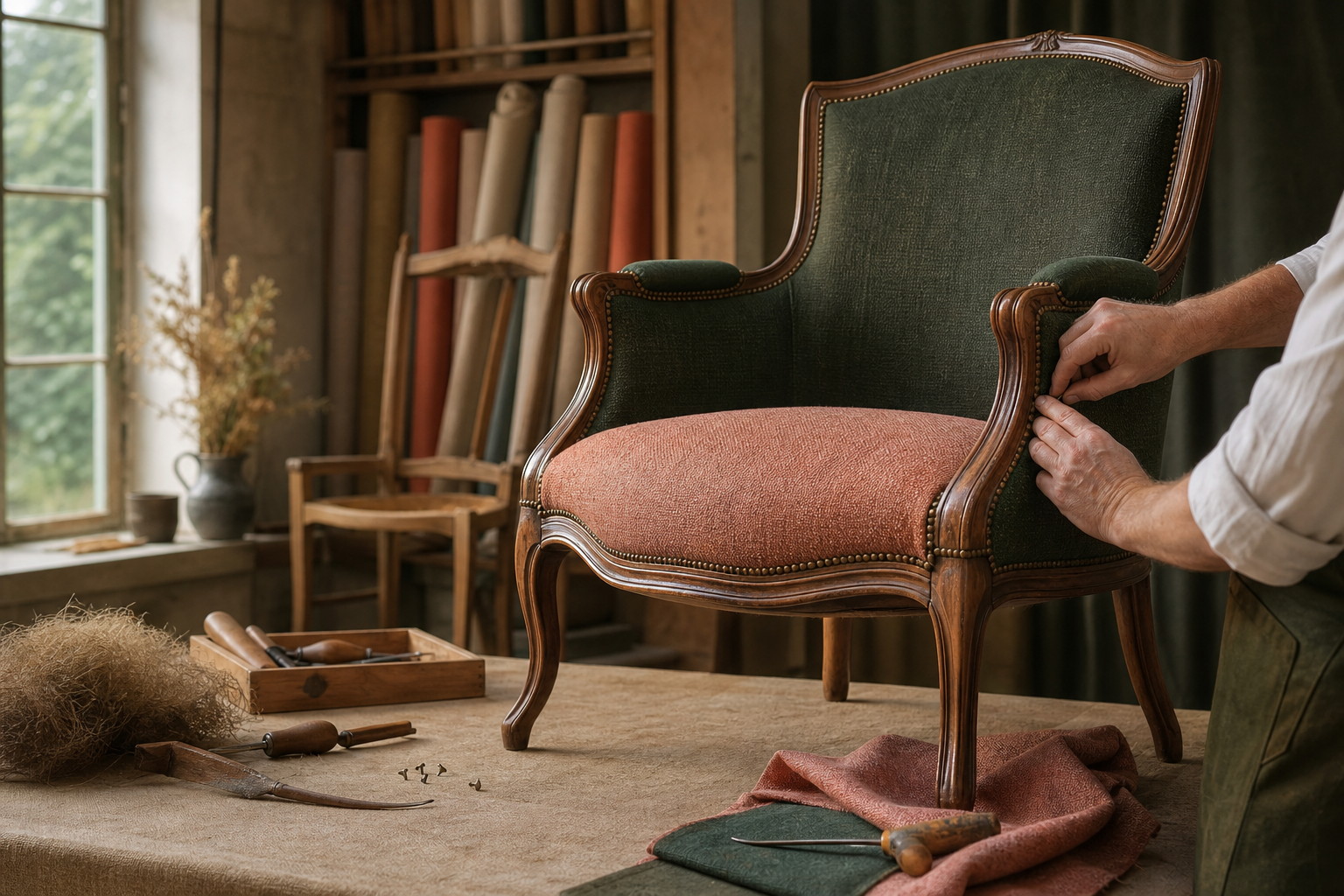 Atelier de tapisserie d'ameublement a Marseille avec fauteuil restaure, tissus et outils artisanaux